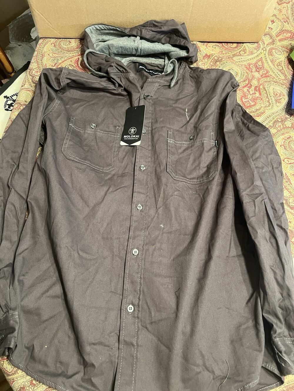 Molokai Surf Brown Hooded Shirt Men's Cotton Size L Button Up Long Sleeve